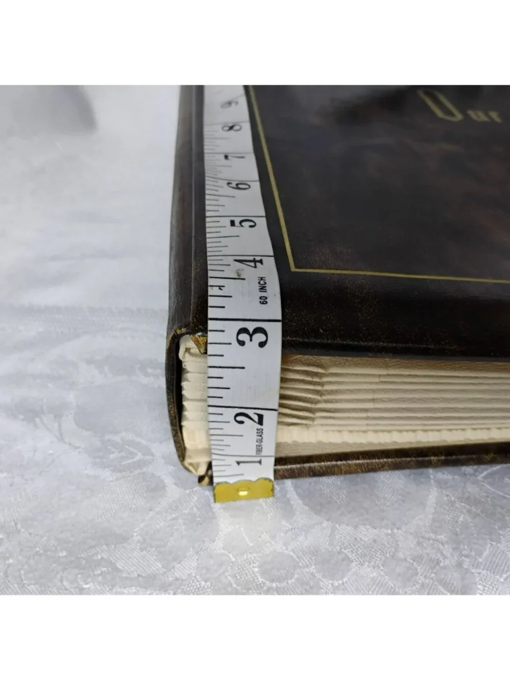 Vintage MCM Our Family Cowhide Leather Photo Album Brass Corners Gold Trim